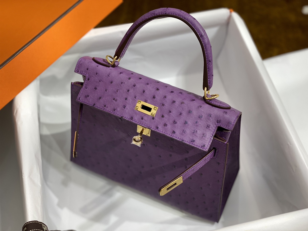 Hermes Kelly 25cm Handbag Shoulder Bag in Purple Ostrich Leather